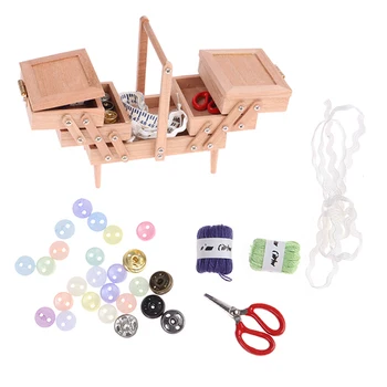 1Set 1:12 Miniatiūriniai Lėlių Siuvimo Dėžutė su Adata, Žirklės Mezgimo Įrankis Pritaikyti Nustatyti Gyvenimo Scenos Dekoras Žaisti Žaislų Namai