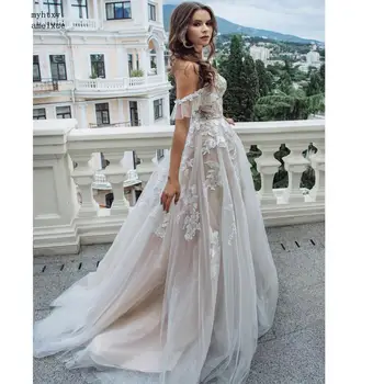 2020 Naują Atvykimo Rankovių Tiulio Brangioji Grindų-ilgis Mygtuką-line Off Peties Iliuzija Seksualus Vestuvių Suknelės, Turkija
