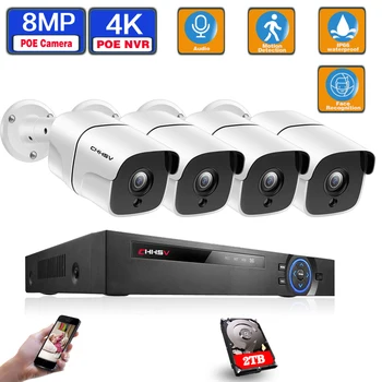 4K Ultra HD POE IP Camera 4CH Saugumo kamerų Sistema, 8MP H. 265 NVR Garso Įrašo Lauko AI Aptikimo Vaizdo Stebėjimo KOMPLEKTAS