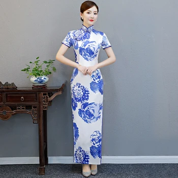 4XL 5XL Šalis Suknelė Kinijos Mėlynos ir Baltos spalvos Porceliano Cheongsam Moterų Elegantiškas Qipao vakarinę Suknelę Plonas Ilgas Chalatas, Vestido