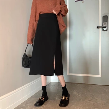 A-line sijonas su megztinis žiemą 2021 naujas moterų sutirštės šiltas juoda aukšto juosmens padalinta sijonas