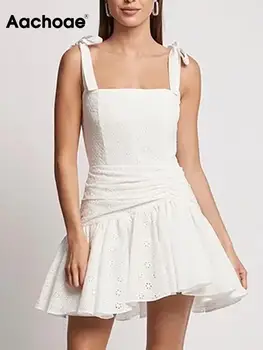 Aachoae Moterų Saldus Vientisos Spalvos Mini Suknelė, Prašmatnus Balti Berankoviai Backless Linijos, Suknelės Ponios Mados Elegantiškas Šalis Suknelė