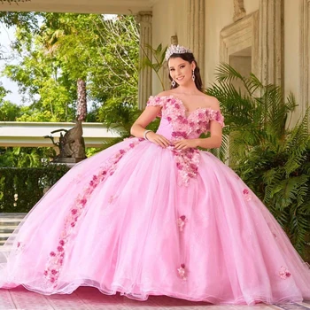 Appliques Rožinė Quinceanera Suknelės Vestidos De 15 Años 3D Gėlės, Karoliukai, Brangioji Princesė Kamuolys Chalatai Baigimo Prom Dress