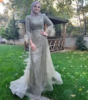 Arabų Moterys Dėvi Ilgas Rankoves Prom Dresses Blizgančiais Aplikacijomis Plunksnos Tiulio Dubajus Vakare Šalies Vestuvinės Suknelės