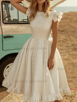 Balta Pinikai Rankovėmis Elegantiškas Vestuvių Suknelė Nauja, O Iškirpte Nuotakos Suknelė Kelio Ilgis Satino Nuotakos Suknelė Saudo Arabija فستان