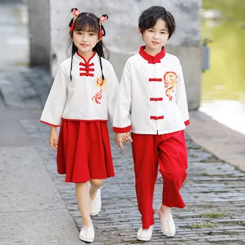 Berniukai Kinijos Nacionalinio Stiliaus Rinkiniai, Pavasario T-Marškinėliai+Kelnės 2VNT Vaikai Tradicinių Merginos Sijonas Tang Dinastijos Hanfu Retro Kostiumai