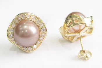 bižuterijos kilnus 10mm rausvos spalvos, apvalios shell perlų ir kristalų 18kgp auskarai