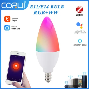 CoRui E12/E14 Tuya Zigbee 3.0 Smart Žvakių Lemputė RGBWC 5W LED Balso Nuotolinio Valdymo Suderinama Su Pažangaus Gyvybės Alexa 