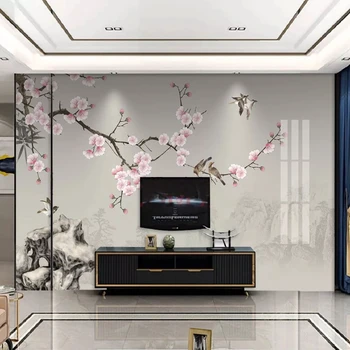 Custom Sienų Tapetai Naujas Kinų Stiliaus Rankomis Dažyti Slyvų Gėlių Ir Paukščių Fone Sienų Tapyba