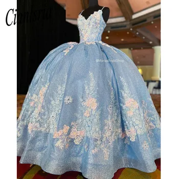 Dangus Mėlynas Blizgučiai Kristalų Spagečiai Dirželiai Quinceanera Suknelę Kamuolys Suknelė 3D Gėlės Appliques Nėrinių Korsetas Vestido De Anos 15