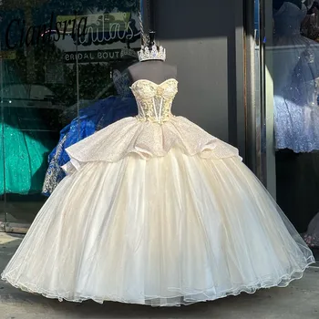 Elegantiškas 2022 Šampano Princesė Kamuolys Suknelė Quinceanera Suknelės Appliques Sweet16 Suknelė Vestidos De 15 Años