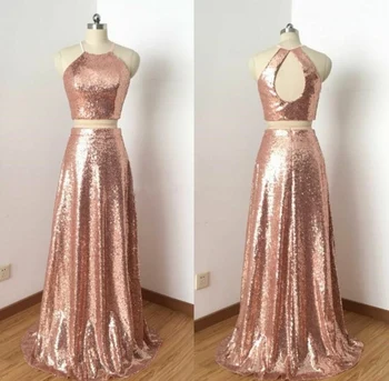 Elegantiškas Ilgas Apynasrio Undinė Rose Gold Bridesmaid Dresses Blizgučiais Dviejų dalių, Grindų Ilgio Užtrauktukas Atgal Rūbeliai de Soirée Moterims