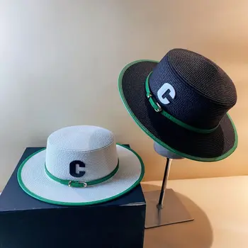 Europos ir Amerikos retro Panamos skrybėlė didelis kraštų flat top hat šiaudų žalia metalo C raidė, šiaudų skrybėlę pajūrio saulės, skrybėlę didžiosios Britanijos