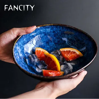 FANCITY Japonijos mėlyna specialios formos indo kūrybos sriuba makaronų dubenį nereguliarus vaisių salotų dubenį keramikos ryžių dubenėlį namų
