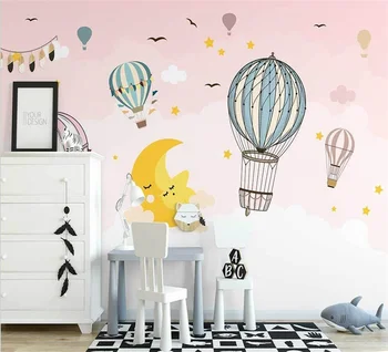 Individualų cartoon tapetai Šiaurės ranka-dažytos rožinė karšto oro balionu, žvaigždėtas dangus, debesys miegamojo sienos fone 3d tapetai