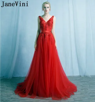 JaneVini Elegantiškas V-Kaklo Raudona Bridesmaid Suknelę Ilgai Backless Nėrinių Appliques Blizgučiais Jaunavedžių Vestuves Tiulio Suknelė Linijos Suknelė