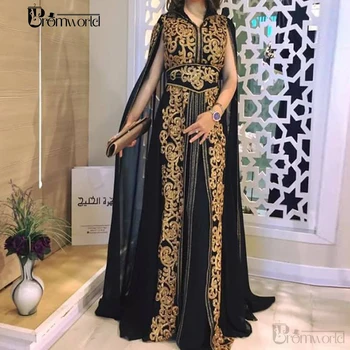 Juodos Spalvos Šifono Prom Chalatai Maroko Kaftan Aukso Appliques Vakaro Suknelės Ilgai Musulmonų Saudo Arabų Ypatinga Proga-Šalis Suknelė