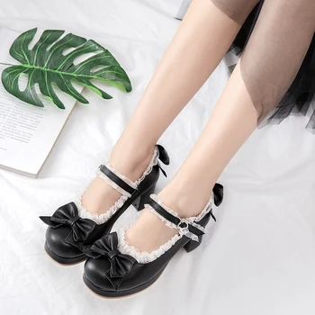 Lolita Japanese lolita batai lankas mazgas vidutinio kulno, suapvalinti tne studentų batai princess bateliai 3 Spalvų