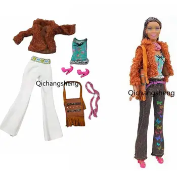 Mados 6 elementai/Set Princesė Komplektai Barbie Priedai 1/6 BJD Doll Drabužius Rudi Kailiniai Paltai, Kelnes Maišelį Šalikas Bakas, Batai, Žaislai