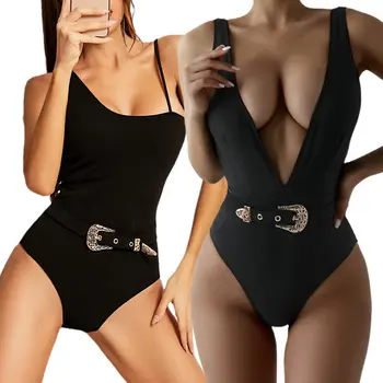 Metalinių Diržo Sagčių Dekoracija Moterų vientisi maudymosi kostiumėlį Deluxy Moterų Paplūdimio Tekstūra Didelis XL Bikini Monokini Retro maudymosi Kostiumėliai