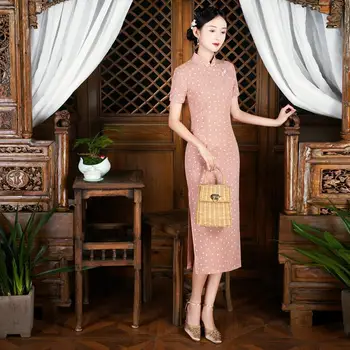 Moteris Spausdinti Brangioji Qipao Retro Mygtuką Ilgai Cheongsams Seksualus Mandarinų Apykaklės Kinų Suknelė Suknelė Elegantiškas Banketų Vestidos