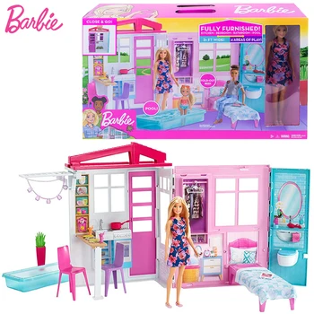 Originalias Barbie Lėlės ir Lėlių Nešiojamų 1 Istorija Playset su Baseinu Žaisti Namas Žaislų Rinkinys, Gimtadienio Dovanos Mergina FXG55