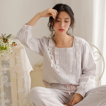 Pavasarį, Rudenį Dryžuotas Medvilnės Moterų Pižama Rinkiniai Saldus Moterų ilgomis Rankovėmis Pižamos Prarasti Sleepwear Tinka Namų Drabužiai