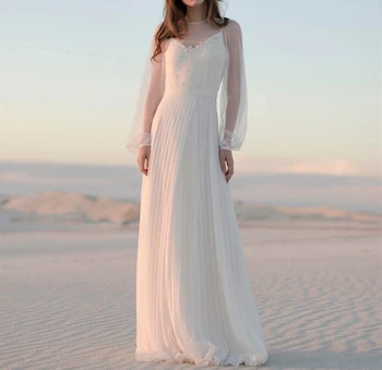 Romantiškas Vestuvių Suknelė Ilgomis Rankovėmis Vien Grindų Ilgis-Line Bohemijos Boho Paplūdimio Vestuvių Suknelė, Vestuvių Suknelė Nuotakos Suknelė
