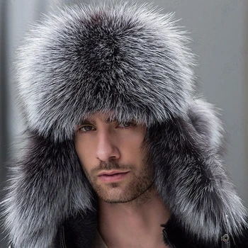 Rusų odos bombonešis odos skrybėlę vyrų žiemą kepurės su earmuffs trapper earflap bžūp vyras nekilnojamojo meškėnas kailių black fox hatska