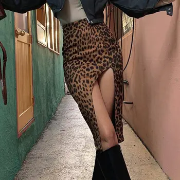 Seksualus Aukšto Juosmens Leopardas Spausdinti Padalinta Ilgas Sijonas Zomšos Mados Atsitiktinis Vasarą Moteris Elegantiškas Plonas Susiuvimo Užtrauktukas Hip-Bodycon Sijonas