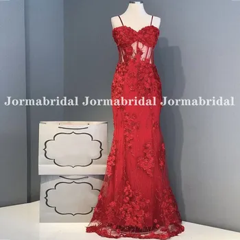 Spageti Dirželis Raudona Vakaro Suknelės Su Žuvų Kaulai, 3D Nėrinių Aplikacijos Moterų Brangioji Undinė Prom Chalatai Oficialų Šalis Suknelė 2022