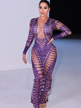Sparkly Violetinė Cirkonio Seksualus Tuščiaviduriai Ilga Suknelė Birthday Party Dress Etape Dėvėti Naktinis Klubas Apranga Rodyti Rezultatus Suknelė