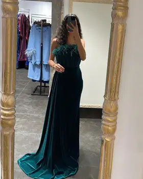 Sumnus Tamsiai Žalių Plunksnų Stebėjimo Undinė Vakarines Sukneles Puoštas Į Aksomą Elegantiškas Arabų Vakare Chalatai Individualų Renginio Suknelė