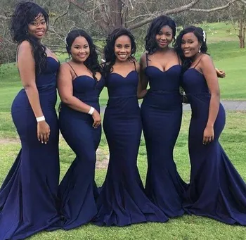 Tamsiai Mėlyna Afrikos Bridesmaid Dresses Ilgai Spageti Užtrauktukas Atgal Undinė Vestuvių Svečių Chalatai Tarnaitė Garbės Suknelė Pigiai