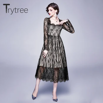 Trytree 2020 m. Pavasarį Moterų Suknelė Atsitiktinis Aikštėje Apykaklės Vidurio Blauzdos Lace A-line Print Užtrauktukas Mados Elegantiška Žalia Vidurio Blauzdos Suknelė