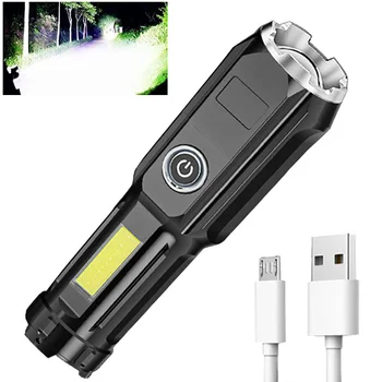 USB Įkraunamas Žibintuvėlis COB LED Zoomable Vandeniui Taktinis Žibintuvėlis Lempos Kempingas Vaikščiojimo Teleskopinės Itin Ryškus Žibintuvėlis