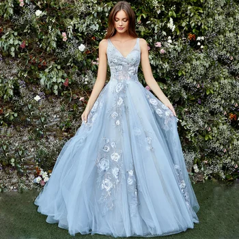 V-kaklo, Prom Dress Aplikacijos Vakaro Suknelės Gėlių Suknelė China Suknelė Matyti Per Tiulio Suknelė Elegantiškas Suknelės Moterų Plius Dydis