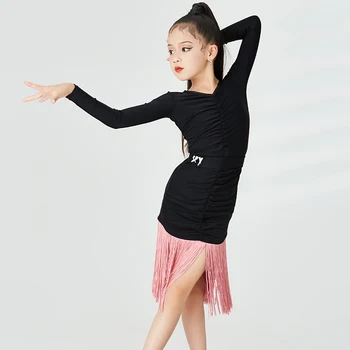 Vaikai lotynų Konkurencijos Suknelės ilgomis Rankovėmis Bodysuit Rožinė Kutas Sijonas Samba Dancewear Rumba, Šokių Atlikimo Kostiumas VDB6330