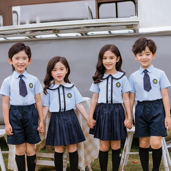 Vaikai Medvilnės Korėjos, Japonijos Mokyklinę Uniformą Mergaitės Berniukai Blue Marškinėliai Navy Plisuotos, Sijonai, Šortai, Drabužiai Nustatyti Studentų Apranga Kostiumas