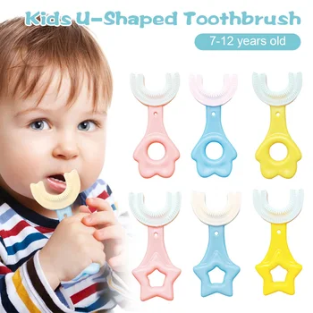 Vaikų dantų šepetėlį 360 Laipsnių U-formos Baby dantų Šepetėlis Su Rankenėle Silikono Burnos Priežiūros, Valymo Šepetys, Skirta Vaikams 2-12