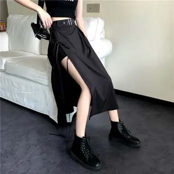 Vidutinio ilgio plyšio sijonas moterims yra didelė riebalų nereguliarus temperamentas aukšto juosmens-line sijonas Ilgas sijonas apranga Sijonas y2k