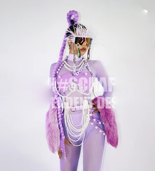 Violetinė perukas, naktiniame klube Bar GOGO Moterų Mados Meilės Korsetas Pearl Grandinės DS Kelionių Kostiumas