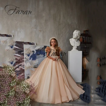 Šampanas Organza, Uždusęs Gėlių Mergaičių Suknelės Grindų Ilgis Samtelis Kaklo Blizgančių Blizgučiais-Line Mielas Pirmosios Komunijos Suknelės, 2022 Naujas