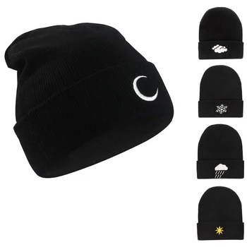 Žiemos Hip-Hop Skrybėlę Megzti Skrybėlę Kūrybos Beanies Oro Siuvinėjimas, Mezgimas Skullies Kepurės Sun Moon Snaigės Debesis Korėjos Juodosios Skrybėlės